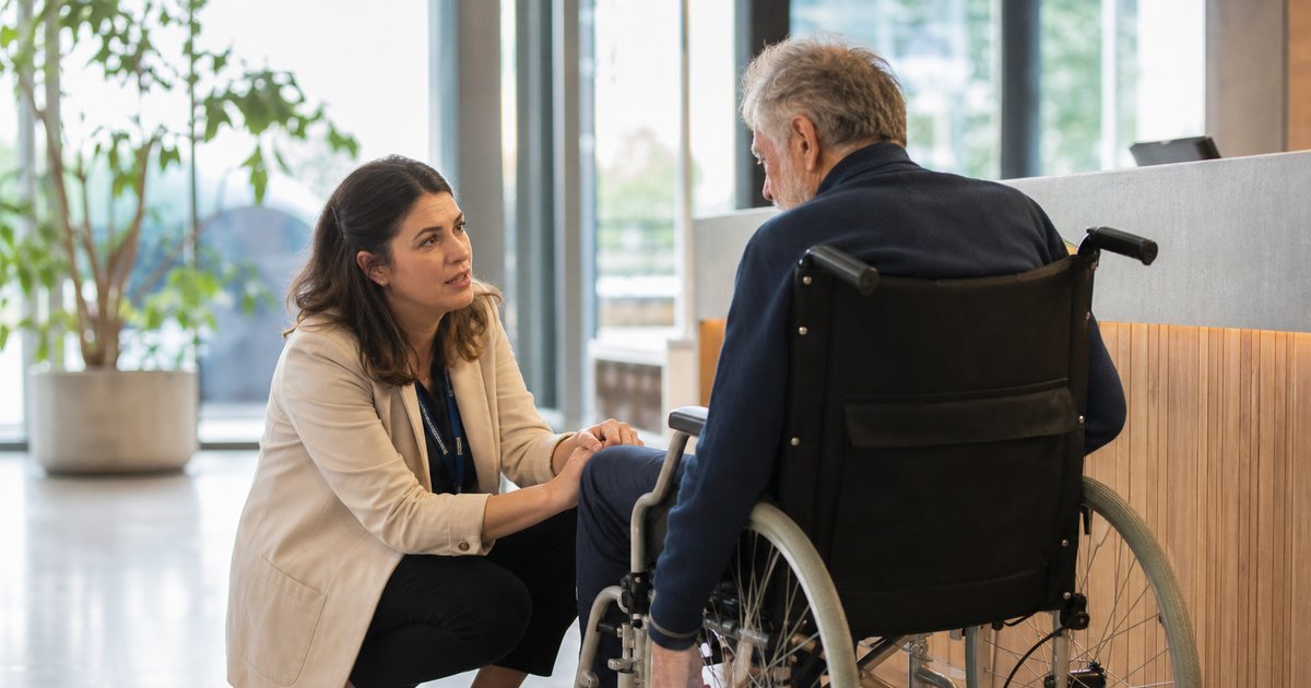 A bright office lobby where a staff member crouches at eye level beside a visitor seated in a wheelchair near a low wooden reception counter, large windows, potted plants, warm daylight, no signage