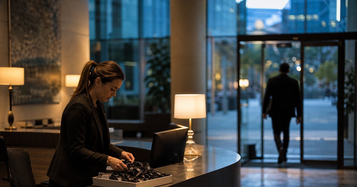 A receptionist tidying an empty office lobby at dusk, warm lamps on, a tray of returned visitor lanyards on the desk, the last visitor walking out through glass doors