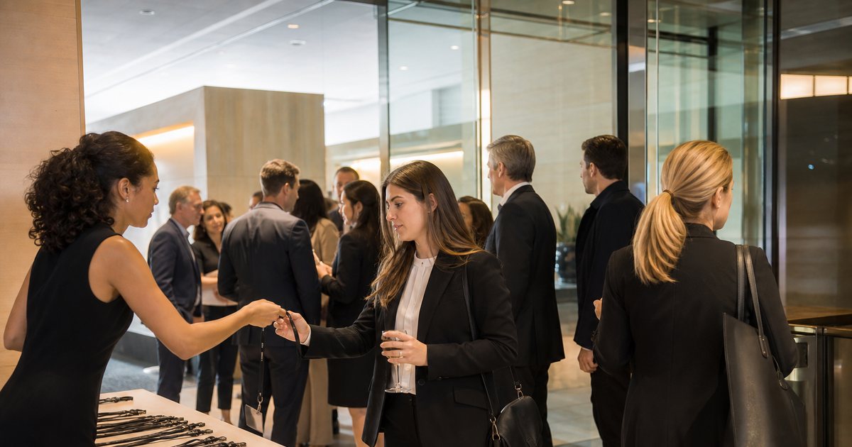 A crowd of business guests entering an office lobby for an evening event, a greeter at a small welcome table with rows of lanyards, people in conversation, warm lighting