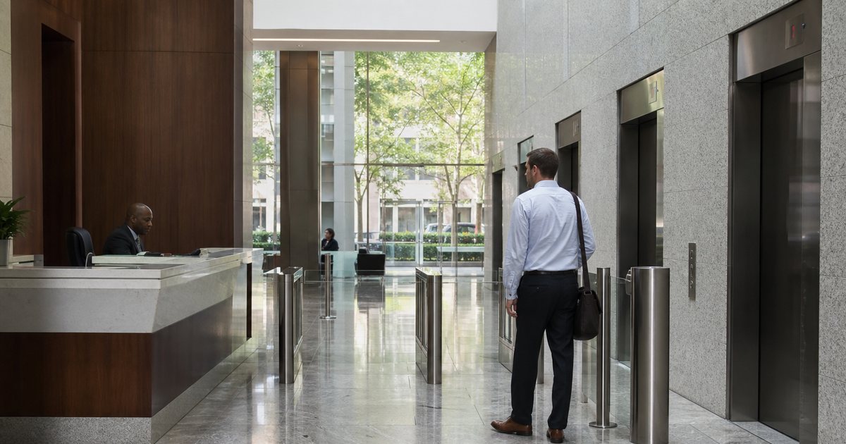 A spacious ground floor lobby of a mid-rise office building with a security desk, polished stone floor, several elevator doors, a visitor waiting near the turnstiles, natural light