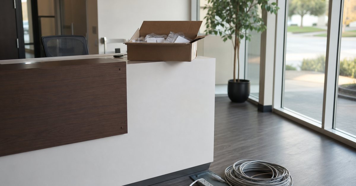 A small office reception counter in morning light with a cardboard box of blank white badge holders, a coiled ethernet cable and a power strip on the floor beside it, a potted plant, tall windows, no signage