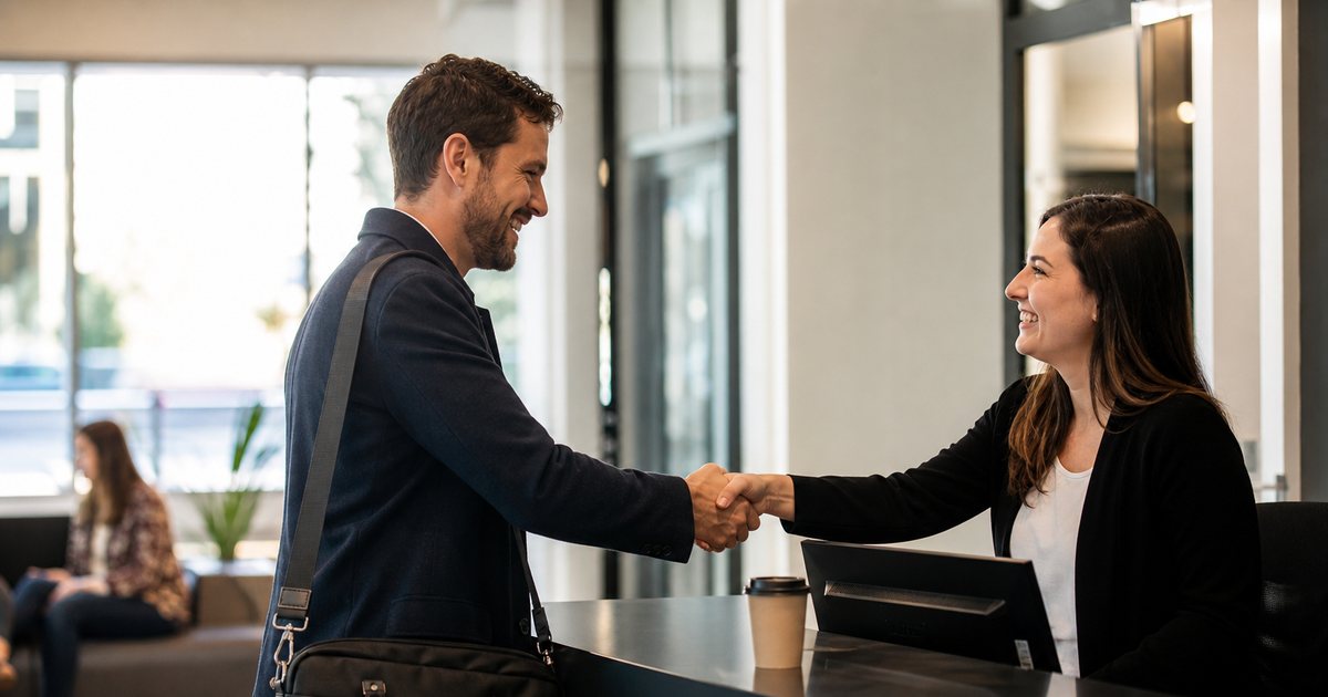 A familiar visitor with a laptop bag being greeted warmly by a receptionist at a small office lobby, both smiling, a coffee cup on the counter, natural light through large windows