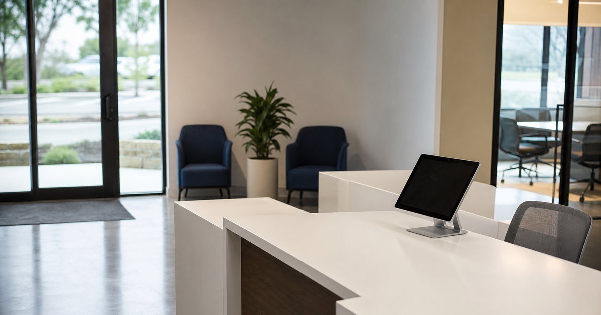 An empty modern office reception desk with a tablet on a stand, a small waiting area with two chairs and a potted plant, glass entry door, daylight