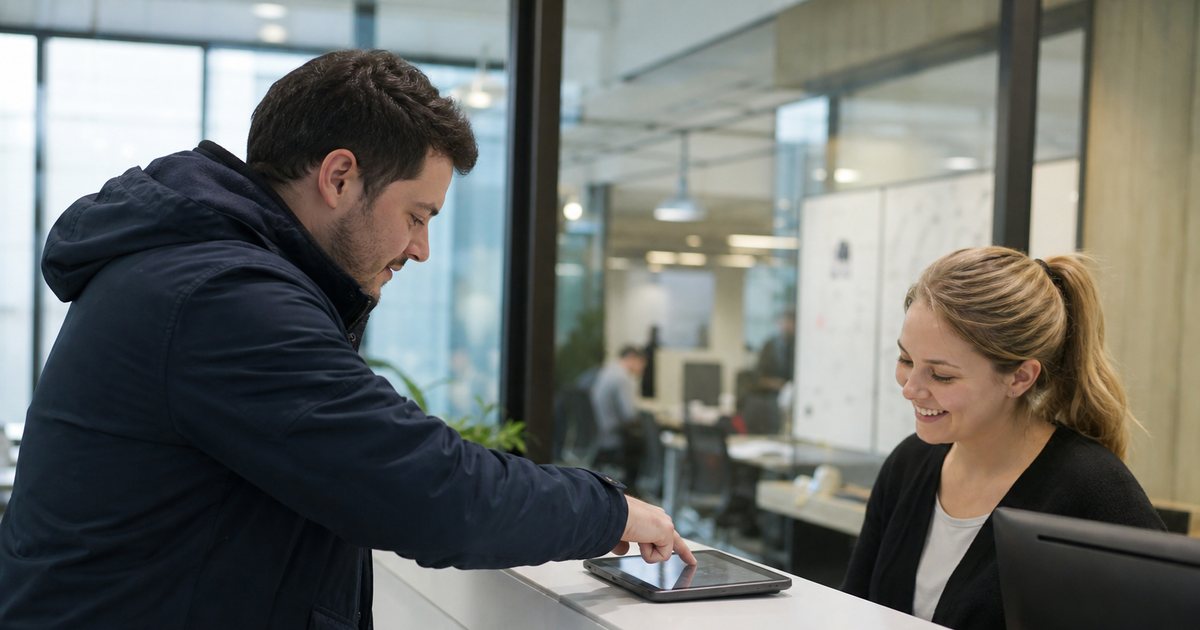 A visitor signing with a finger on a tablet at a sleek reception counter while a receptionist smiles, engineering office with whiteboards blurred in the background, morning light