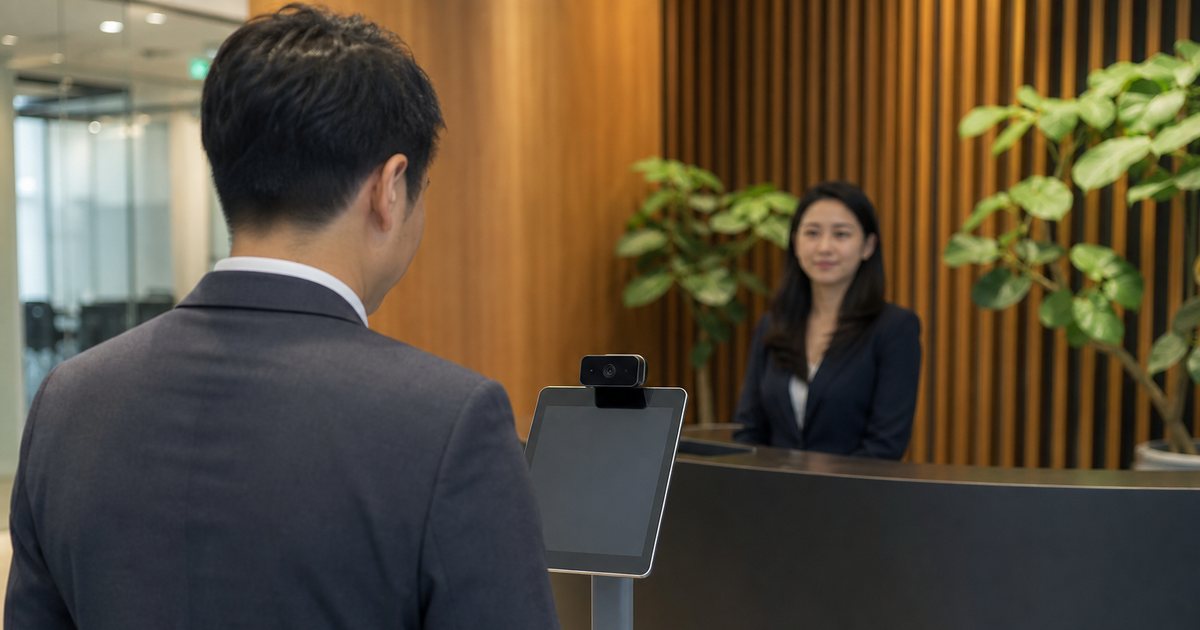 A visitor standing in front of a tablet kiosk in a modern office lobby, looking toward the kiosk camera, receptionist nearby, plants and wood paneling, soft daylight