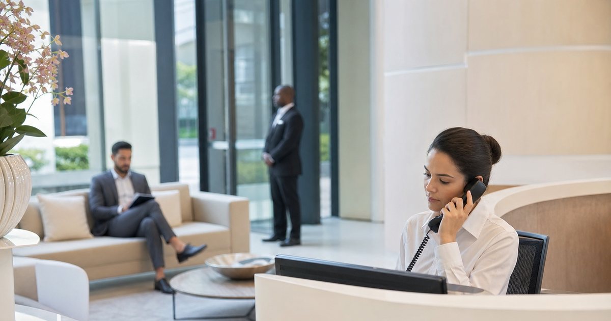 A calm receptionist at a corporate lobby desk speaking quietly on a desk phone while a visitor waits in a seating area, a security guard visible in the background near the entrance